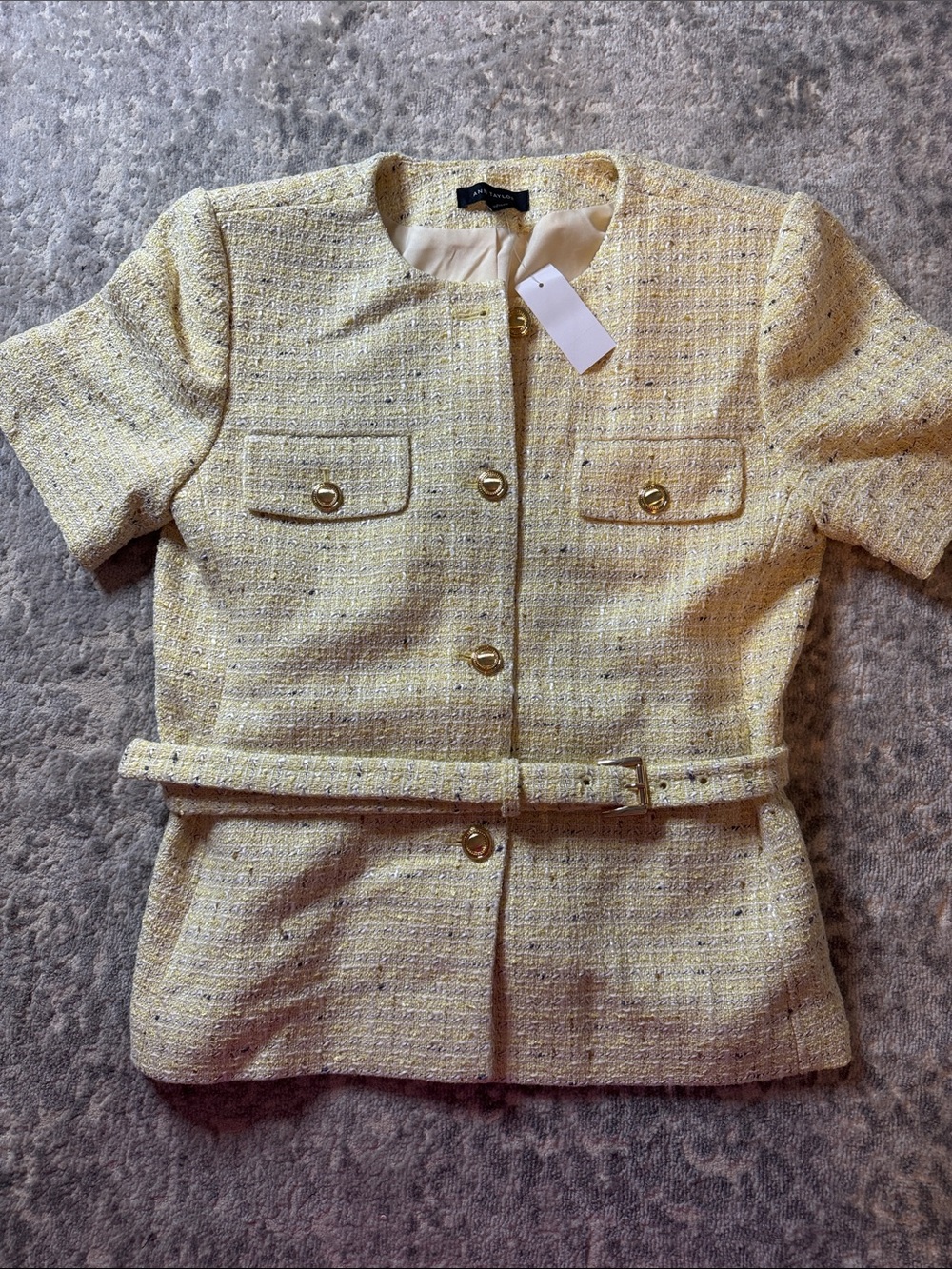 Ann Taylor Tweed Belted Blazer Top Gold Buttons